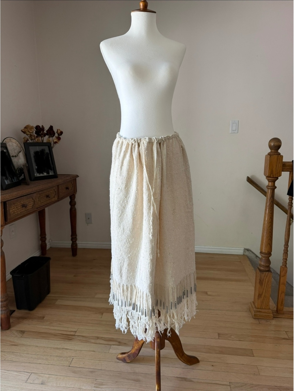 Beige Cream Fringe Drawstring Long Skirt - One Size